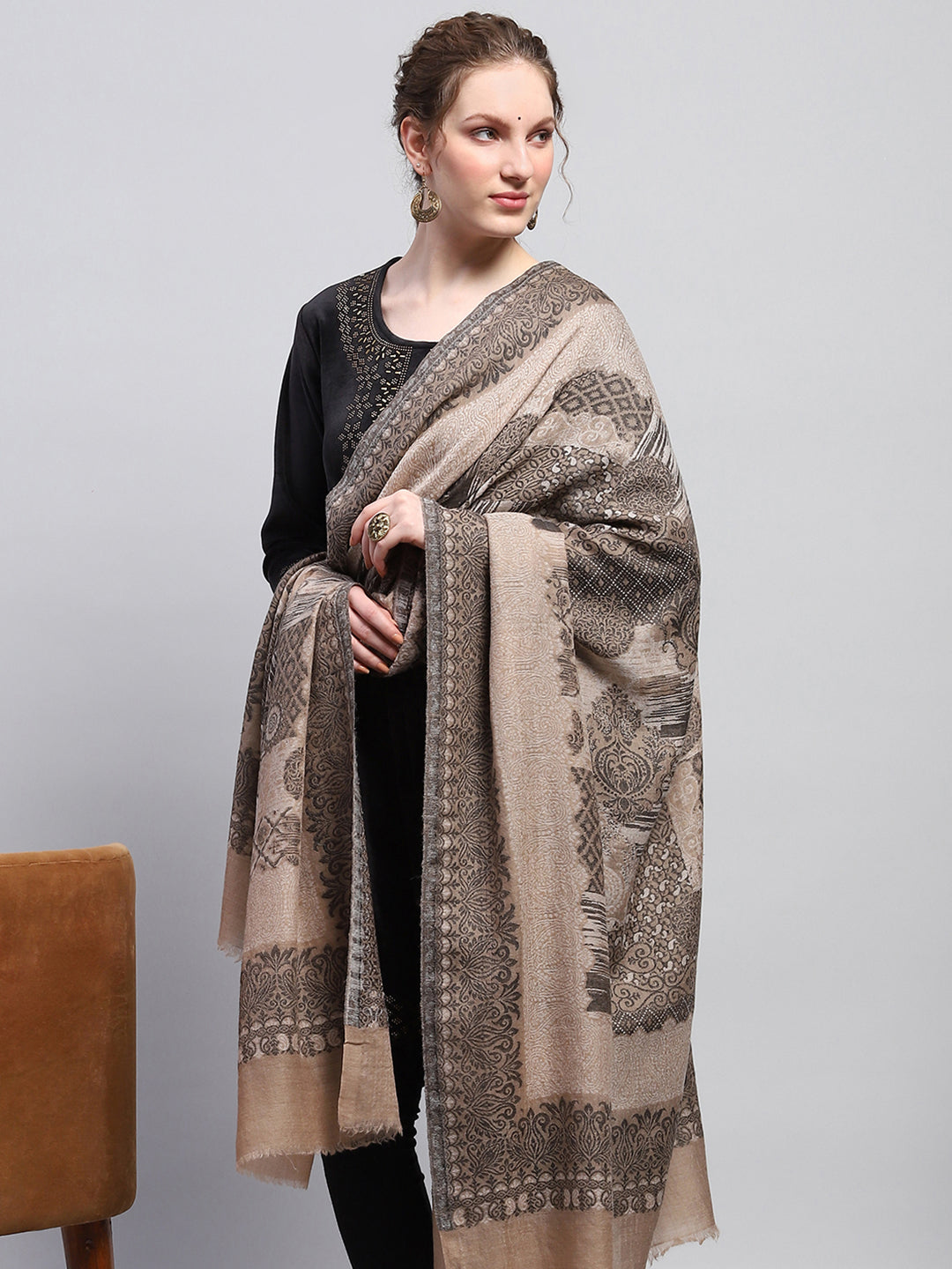 Women Beige Self Design Shawl