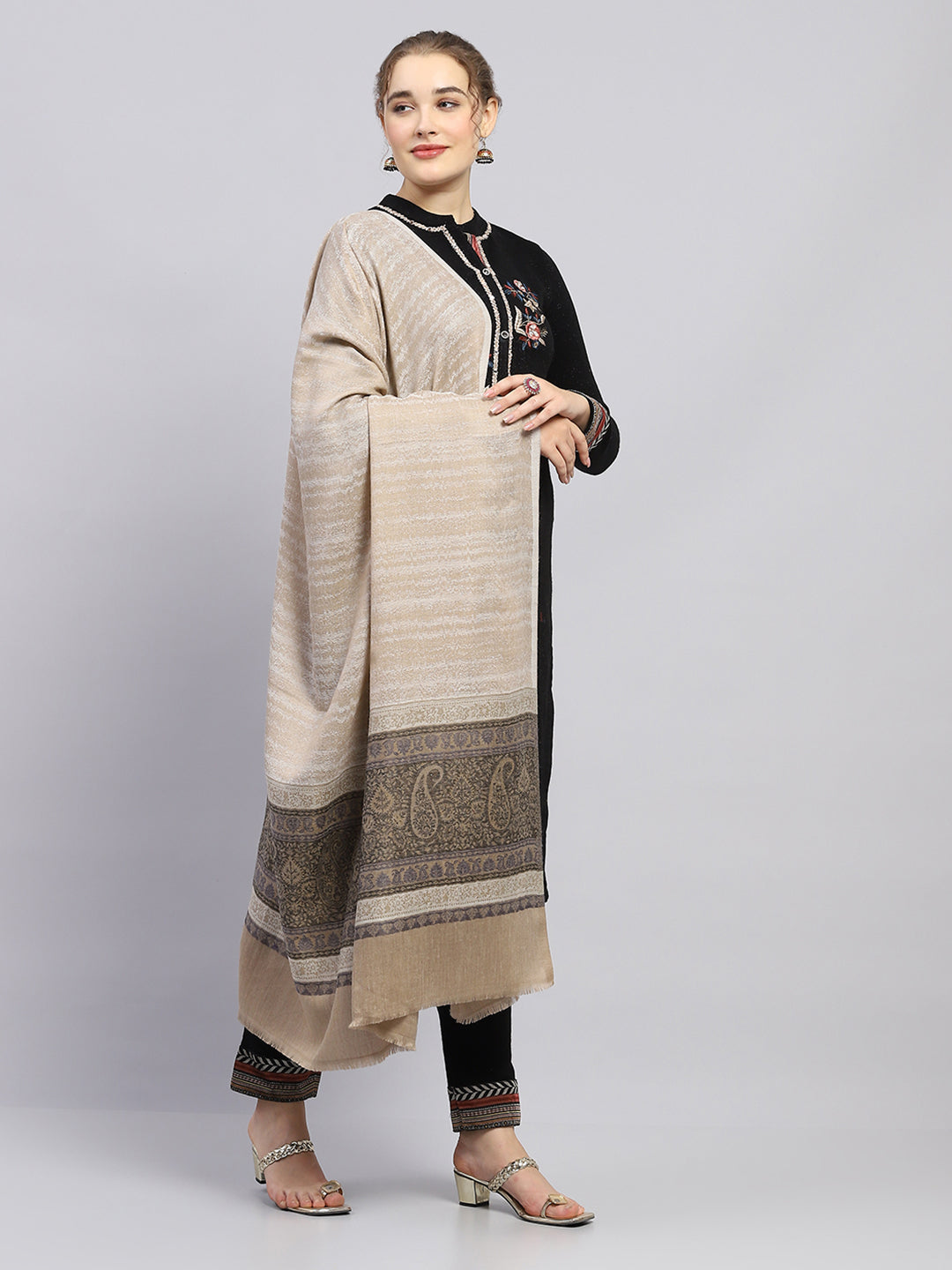 Women Beige Self Design Shawl