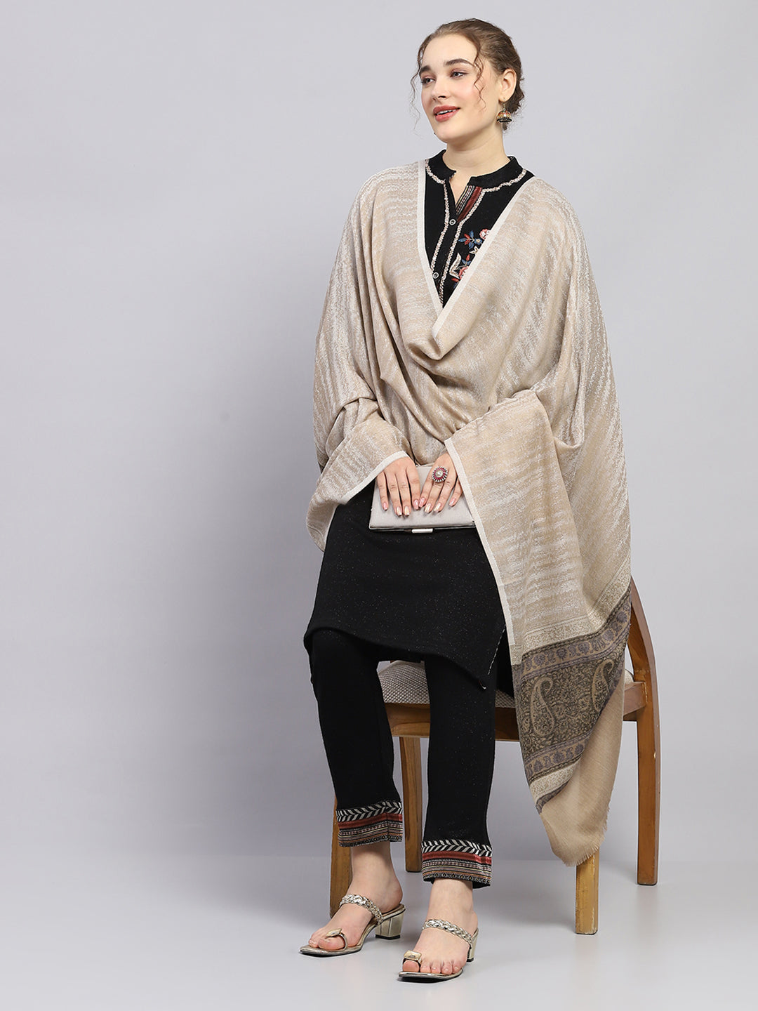 Women Beige Self Design Shawl