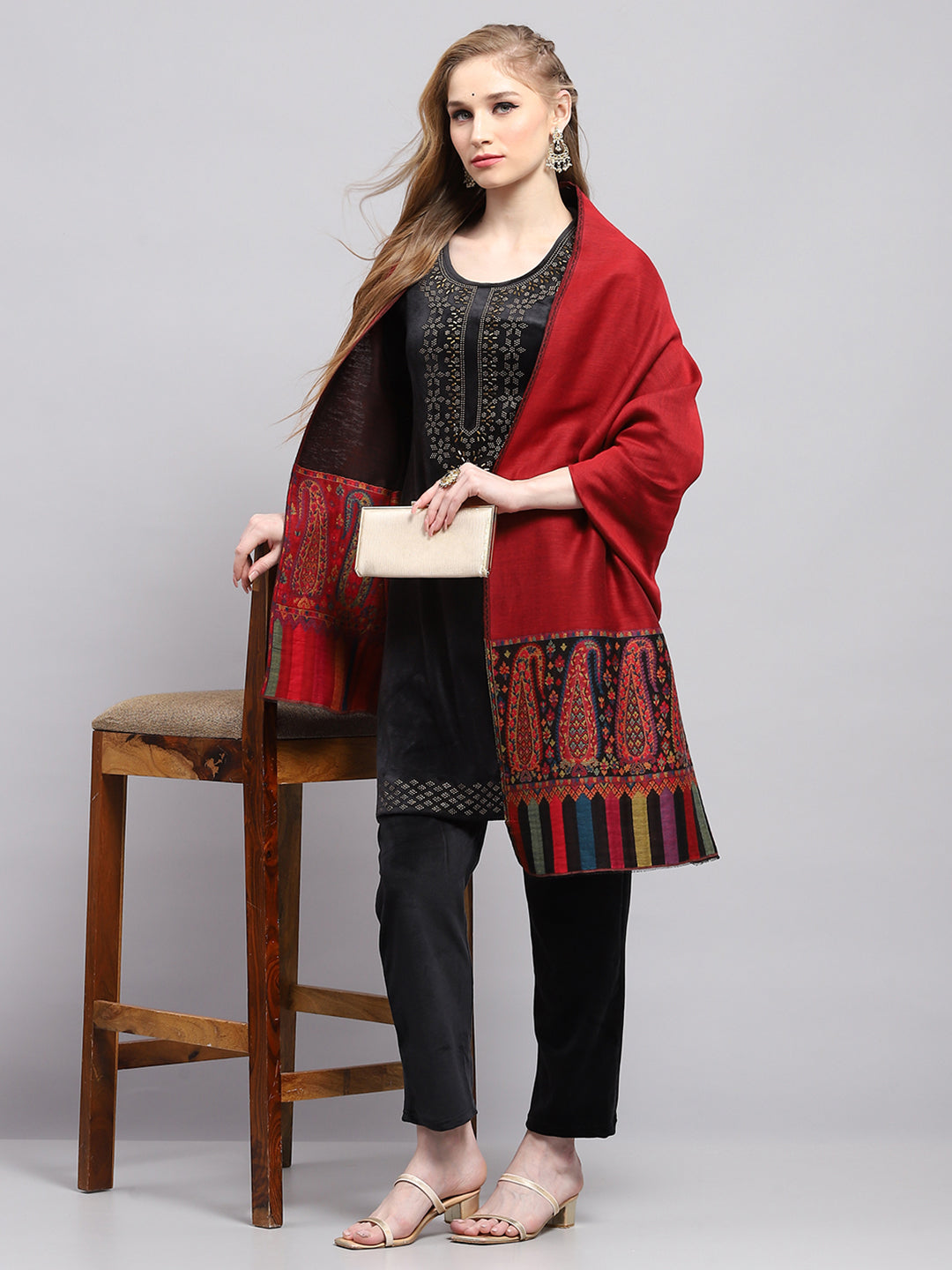 Women Maroon Self Design Shawl