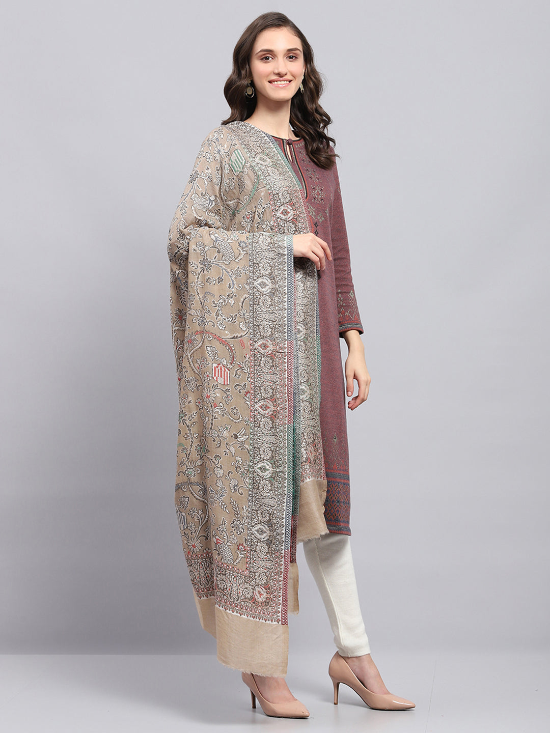 Women Beige Self Design Shawl