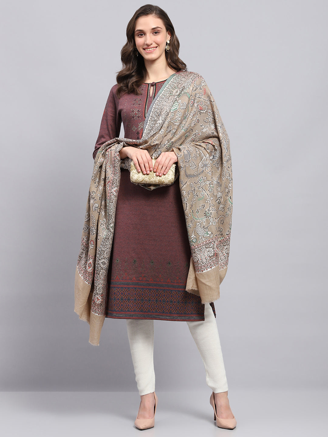 Women Beige Self Design Shawl