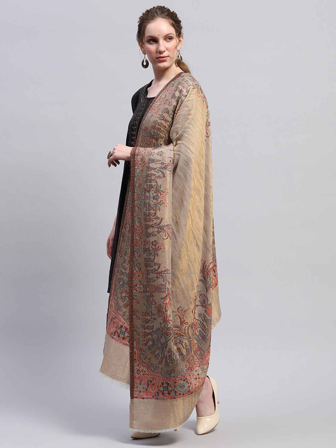 Women Khaki Self Design Shawl