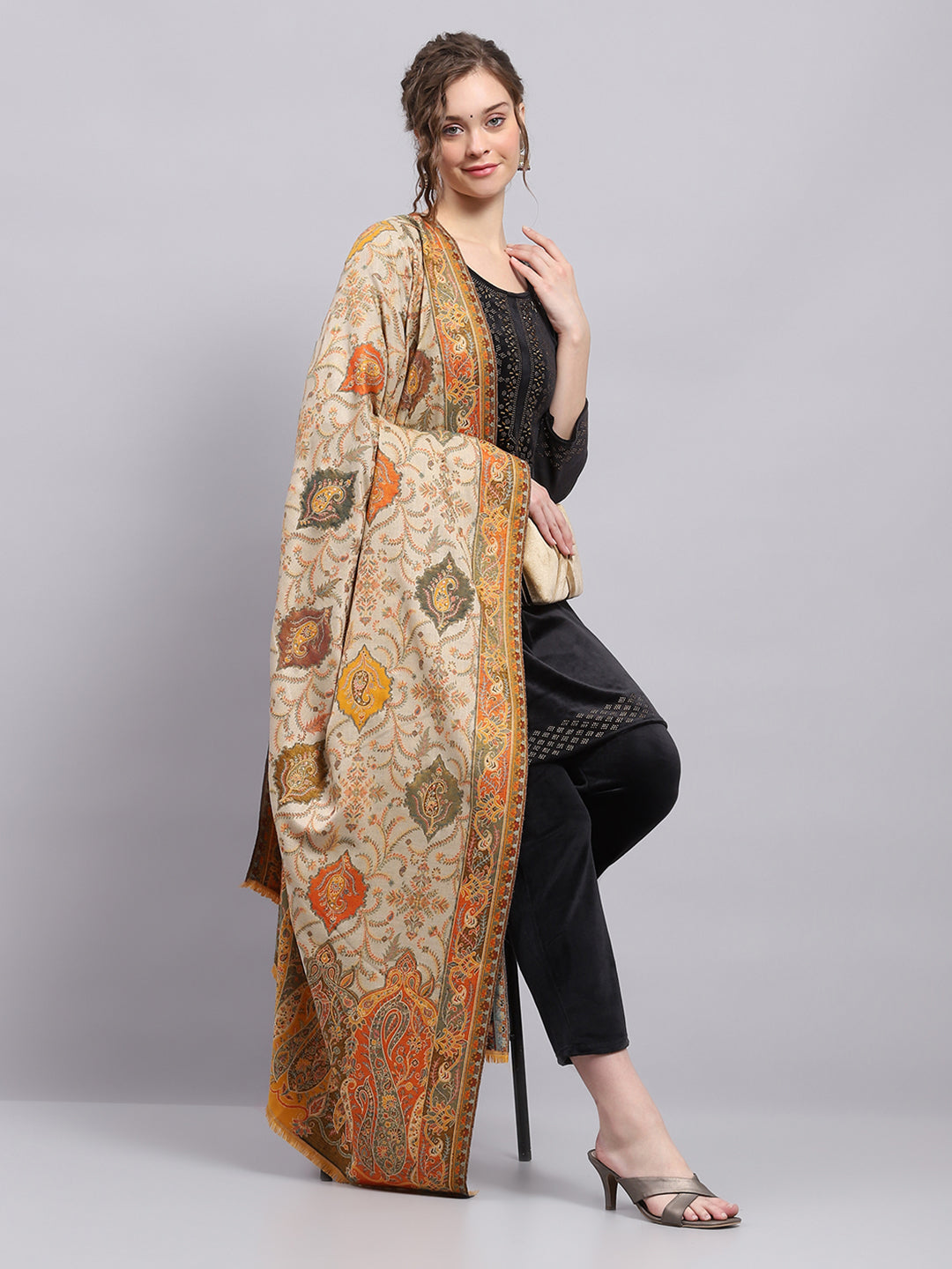 Women Mustard Self Design Shawl