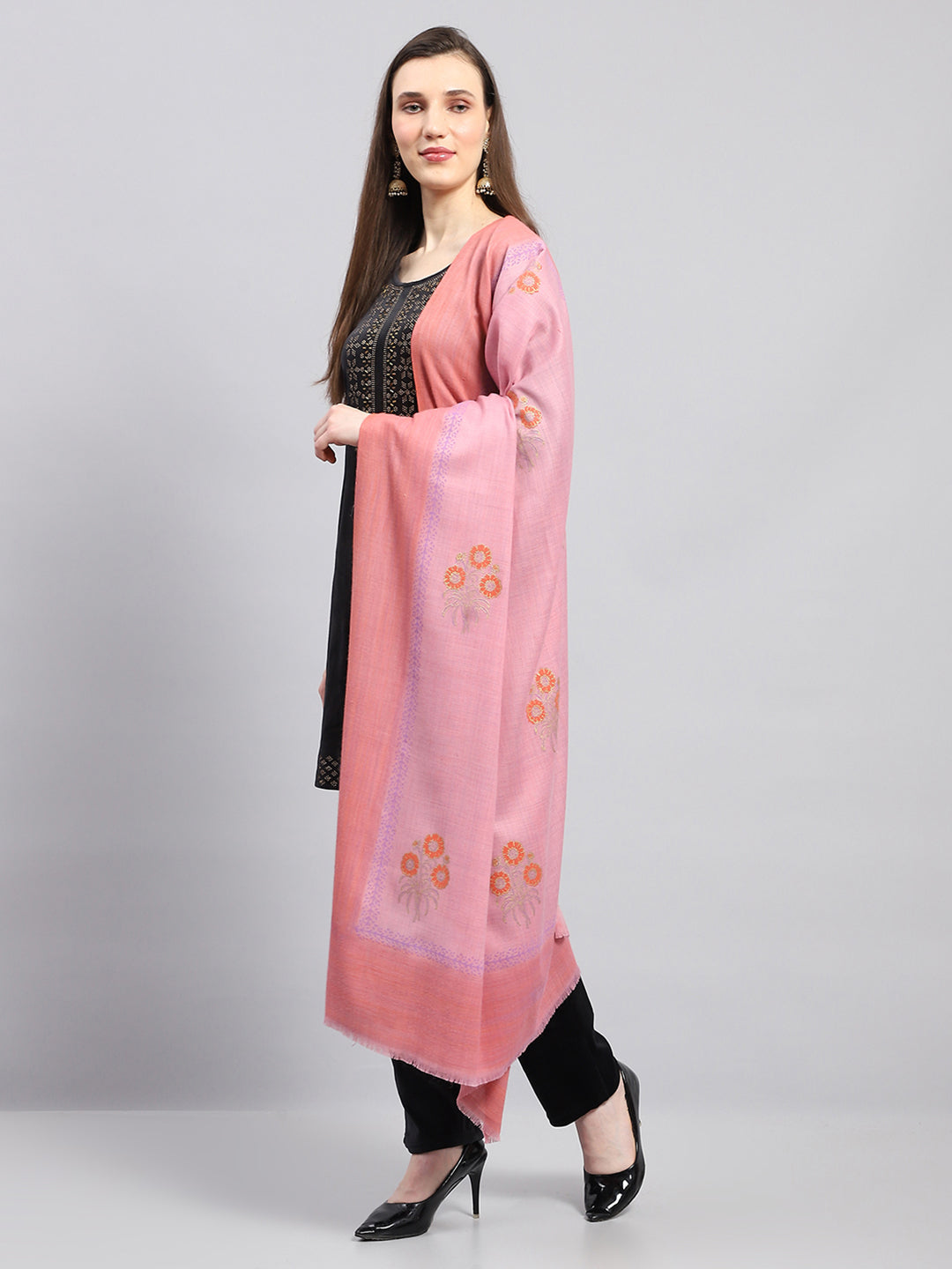 Women Peach Self Design Shawl