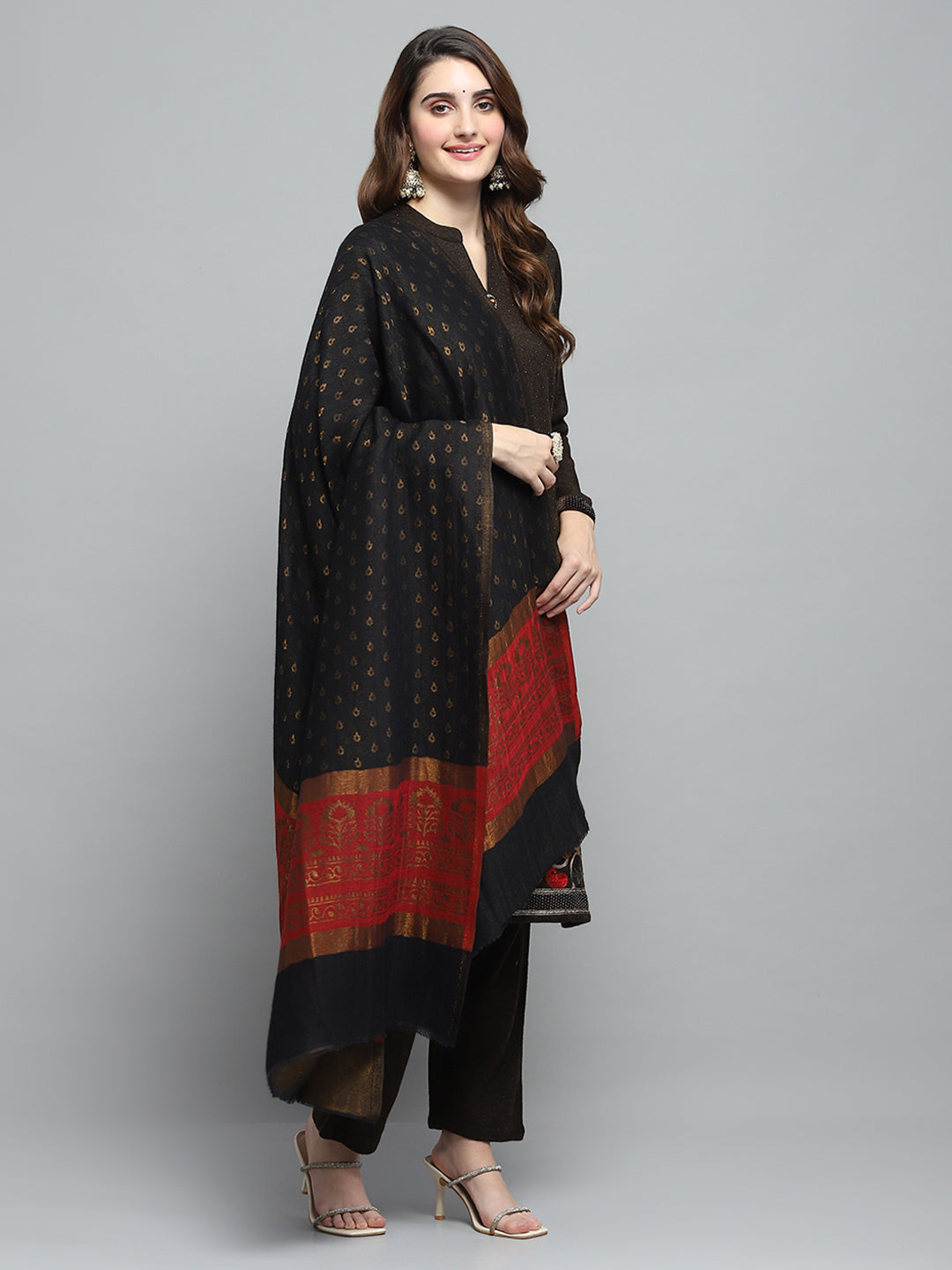 Women Black Self Design Shawl