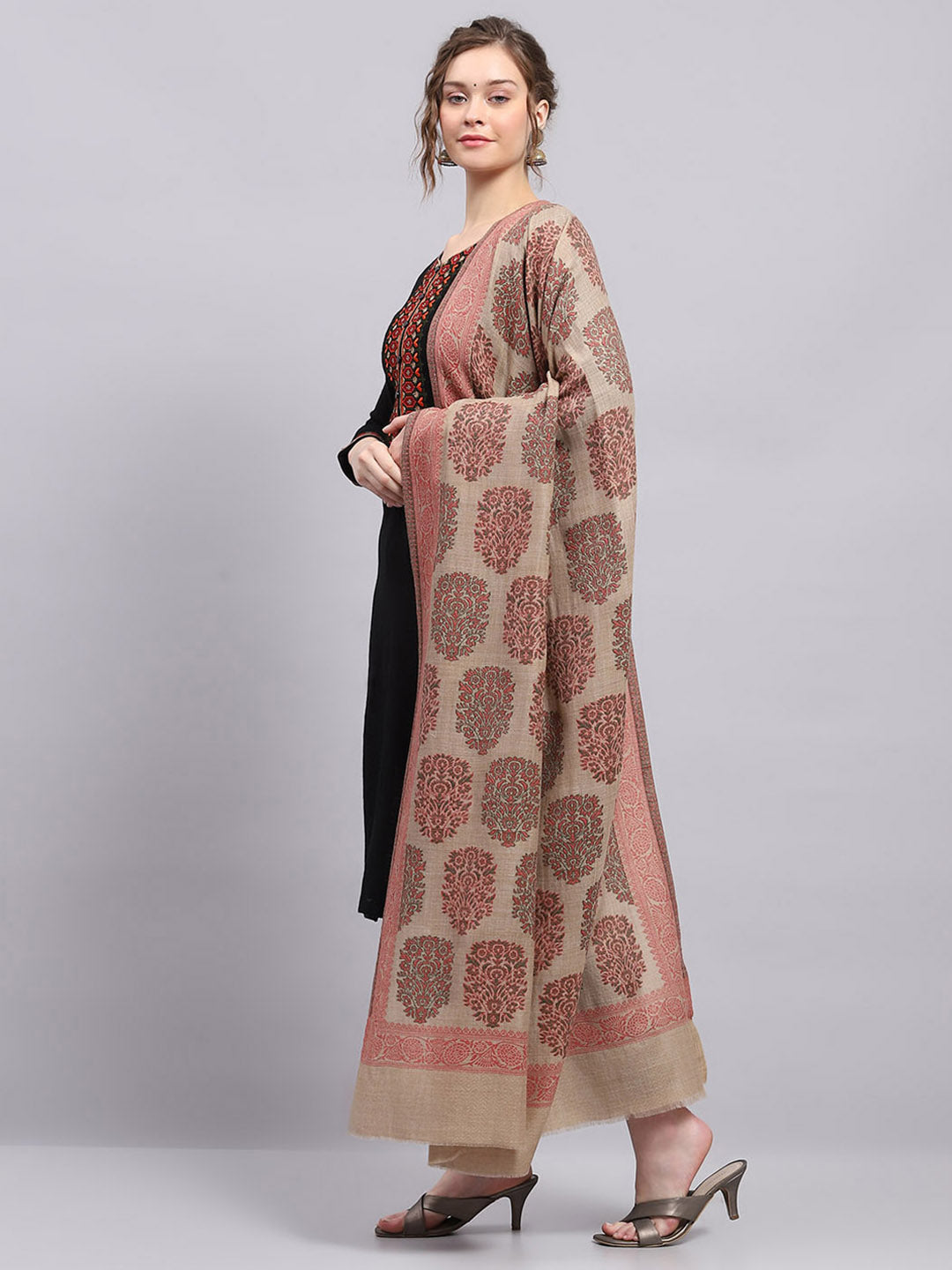 Women Beige Self Design Shawl