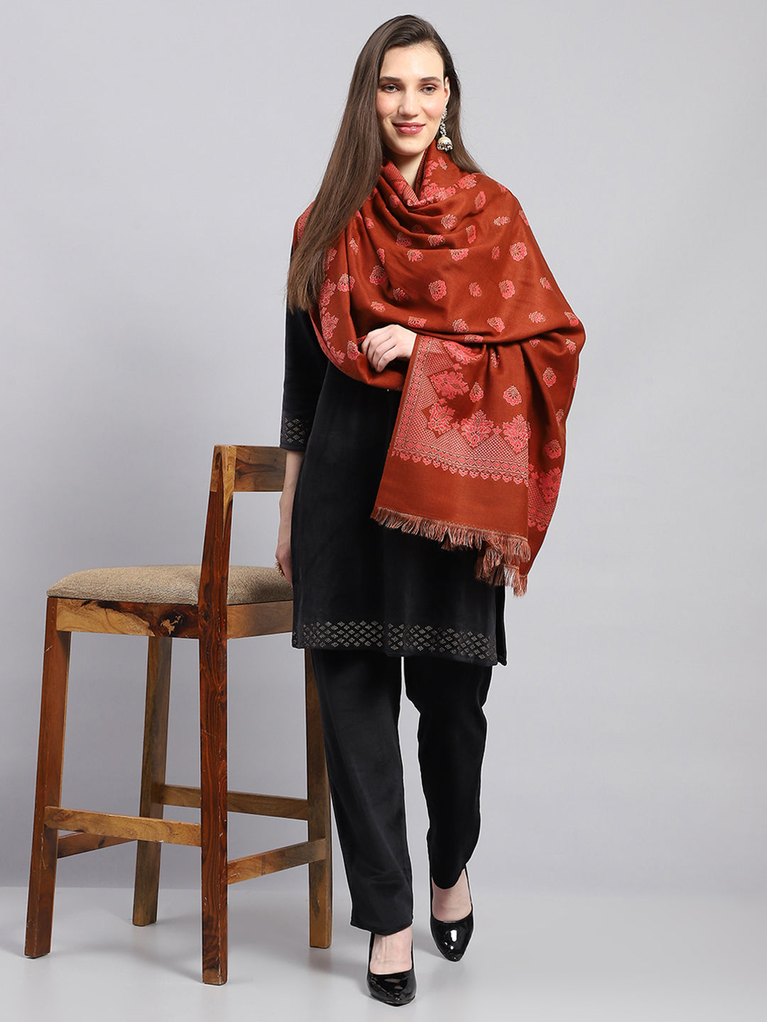 Women Rust Self Design Shawl