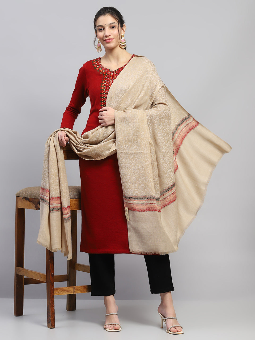 Women Beige Self Design Reversible Shawl