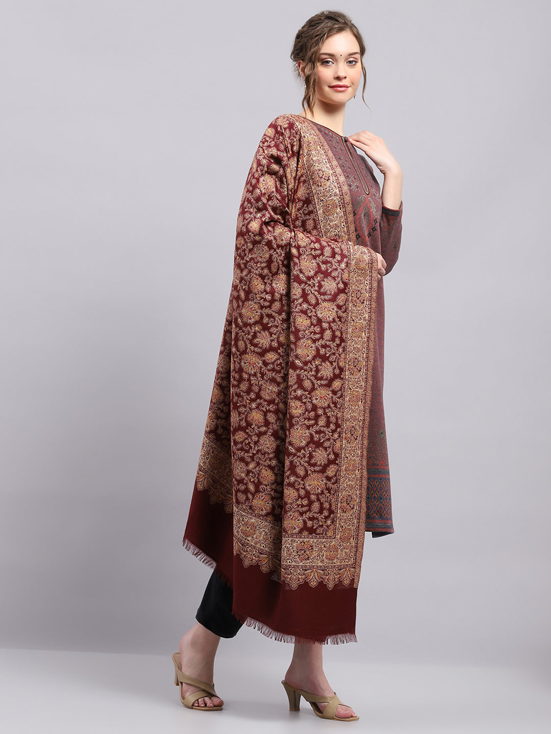 Women Rust Self Design Shawl