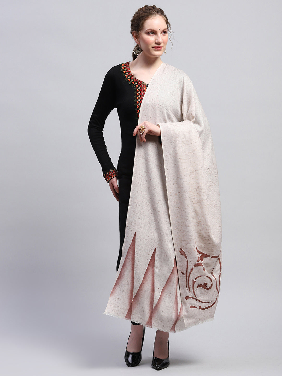 Women Cream Self Design Shawl