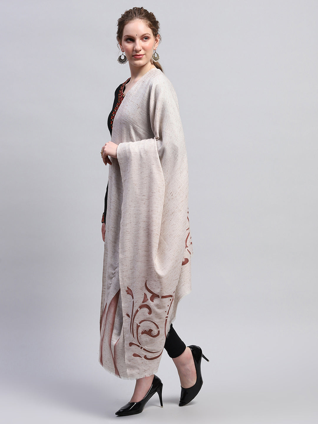 Women Cream Self Design Shawl