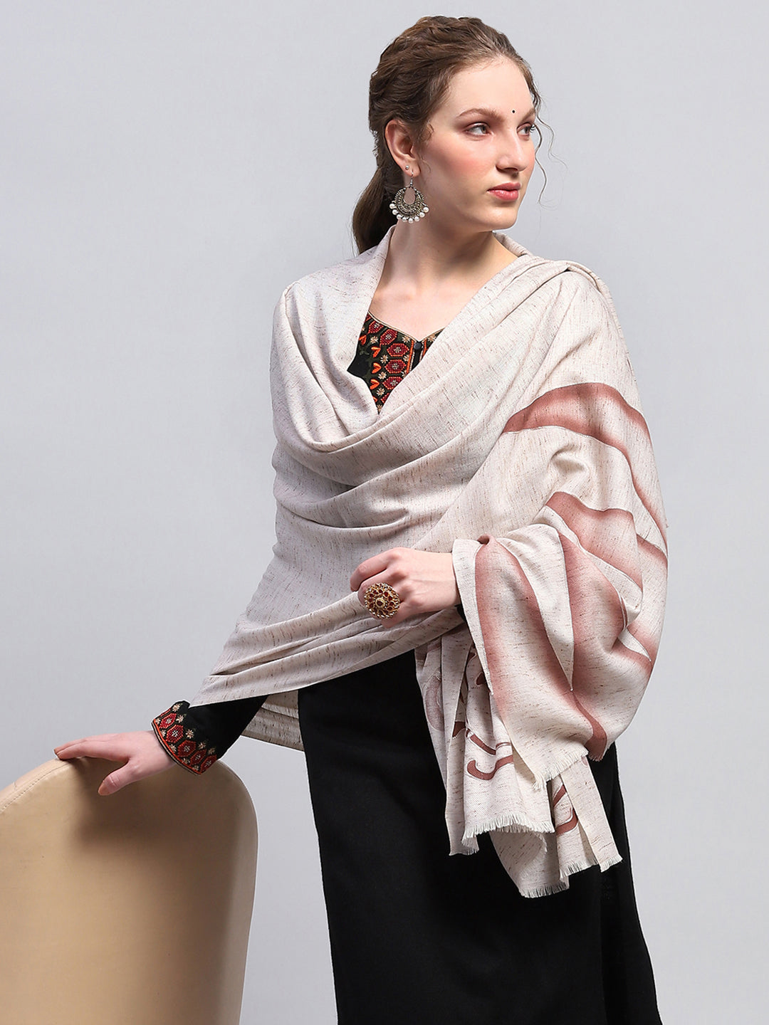 Women Cream Self Design Shawl