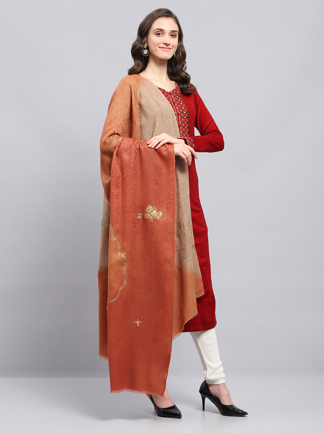 Women Rust Self Design Shawl