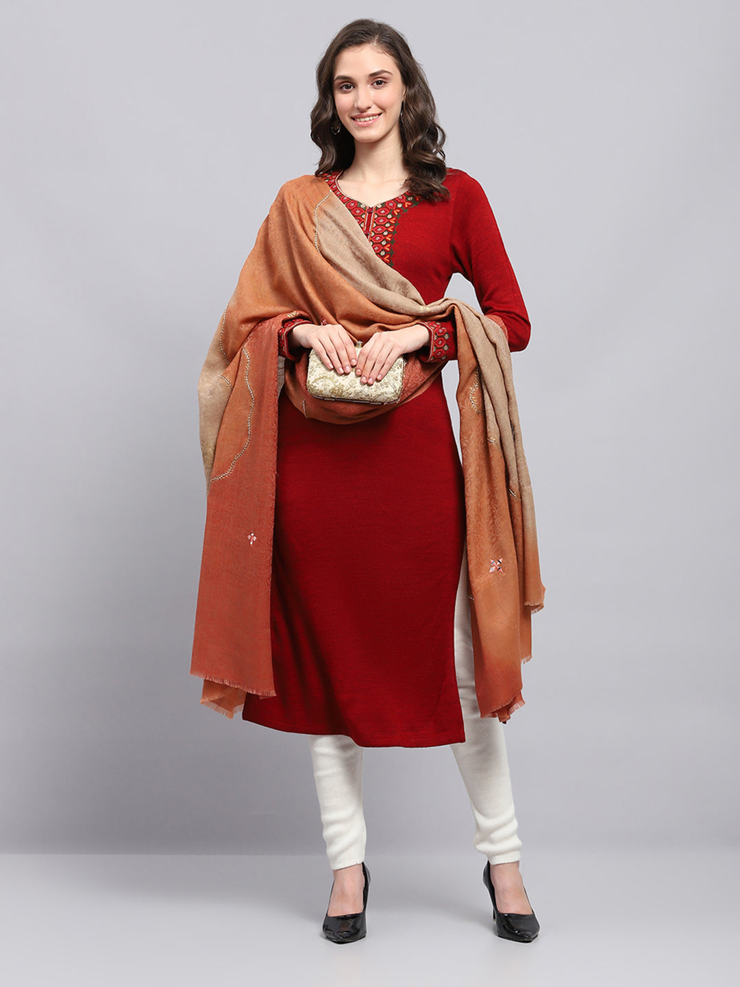 Women Rust Self Design Shawl