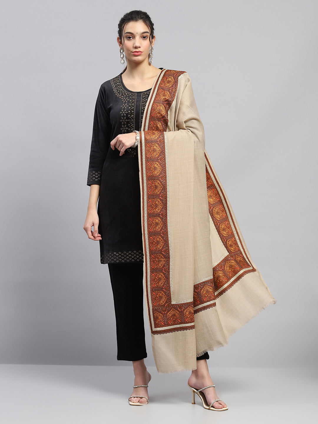 Women Beige Self Design Reversible Shawl