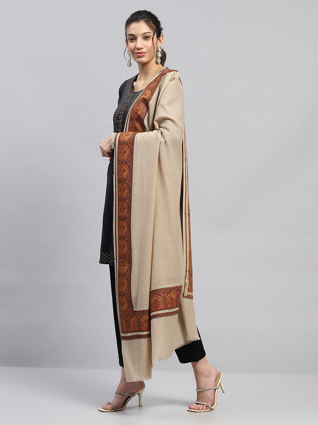 Women Beige Self Design Reversible Shawl