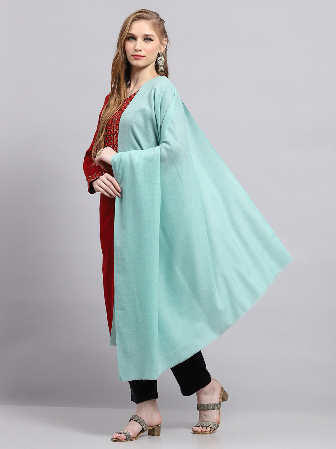 Women Sea Green Solid Shawl