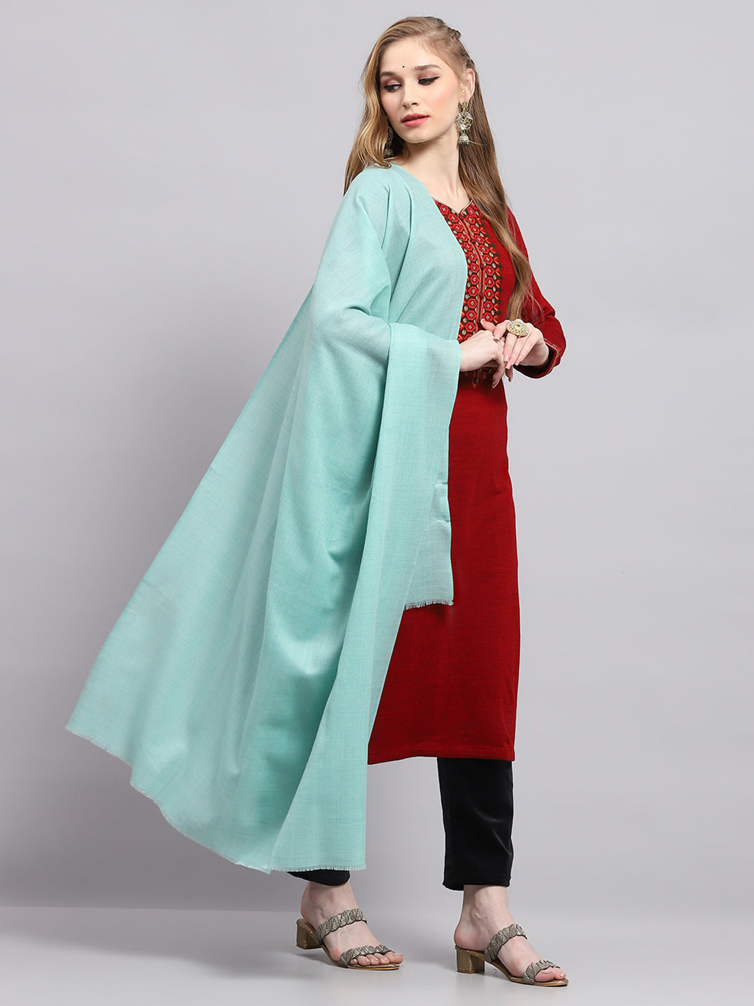 Women Sea Green Solid Shawl