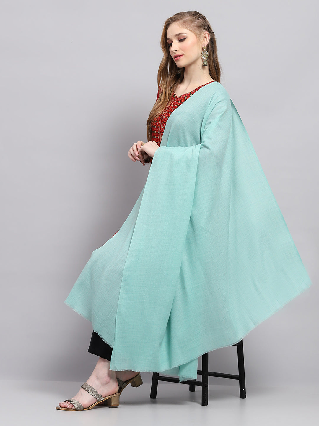 Women Sea Green Solid Shawl