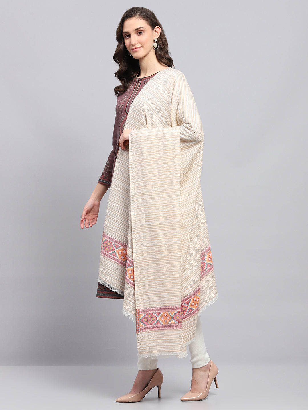 Women Beige Self Design Shawl