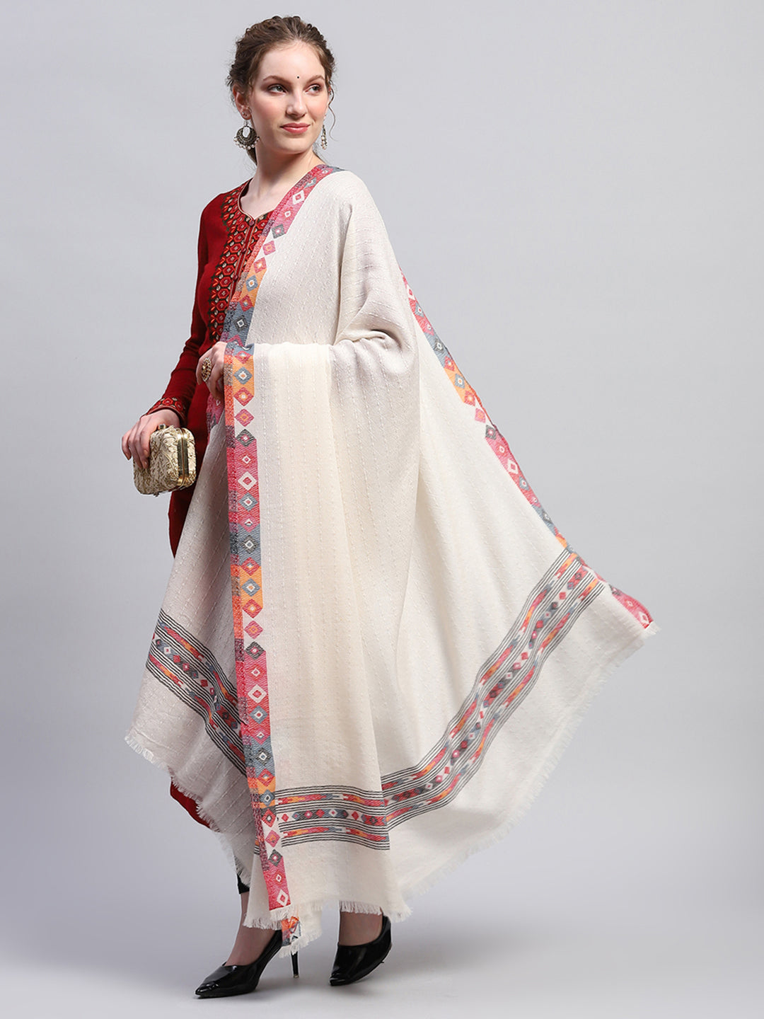 Women Cream Self Design Shawl