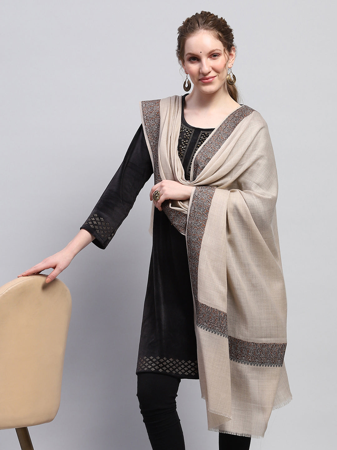 Women Beige Self Design Shawl