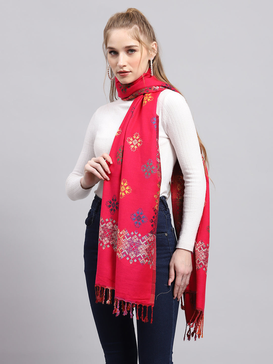 Women Red Self Design Stole