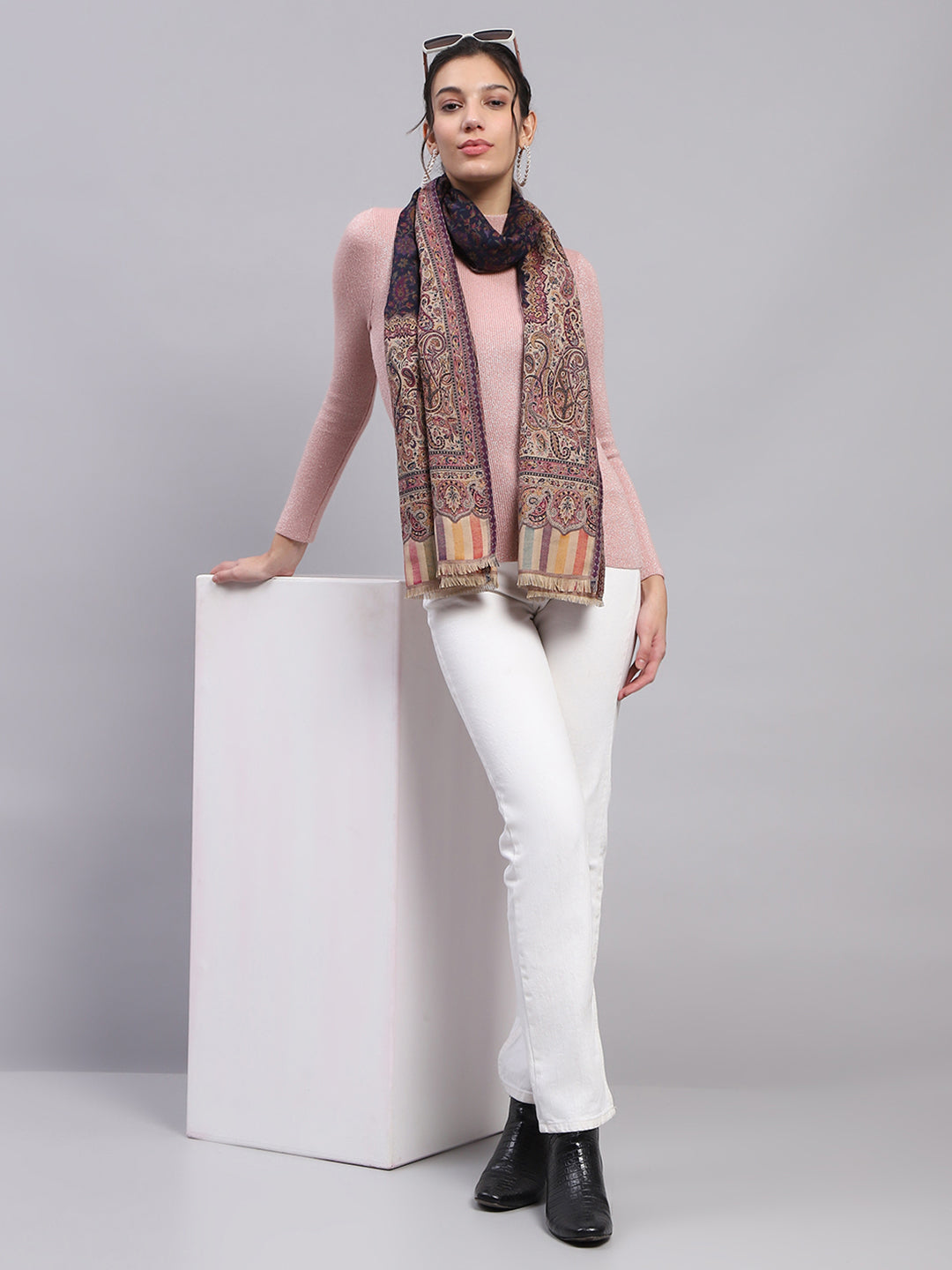 Women Beige Self Design Stole