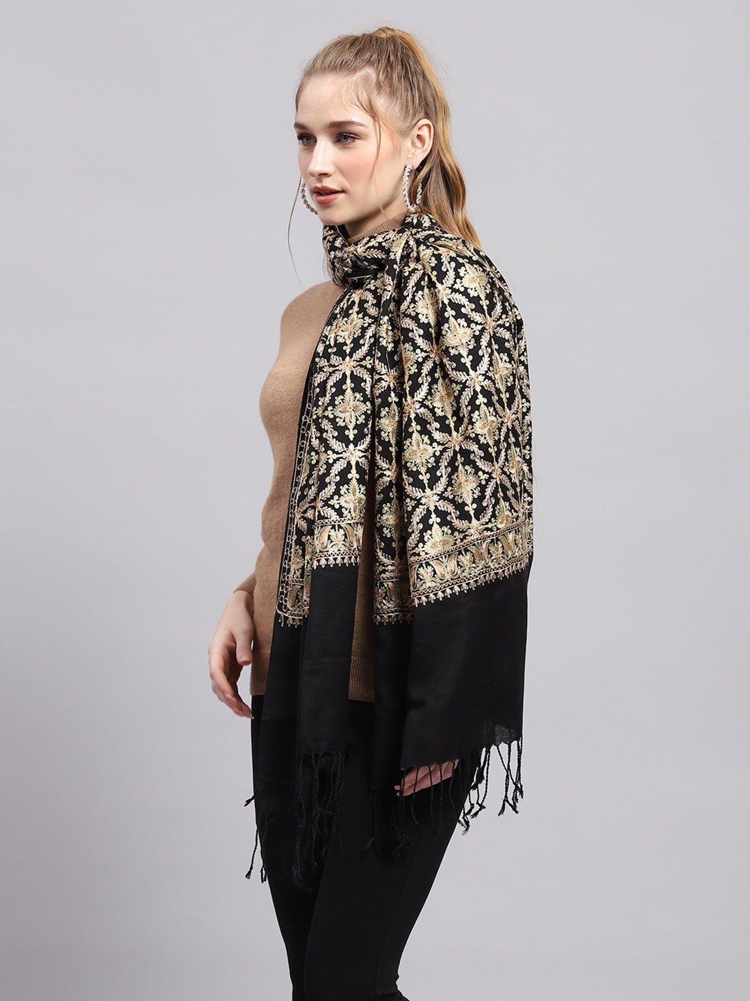 Women Black Self Design Stole