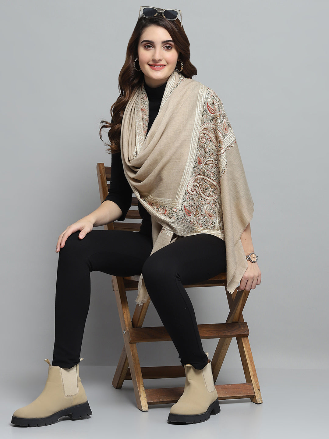 Women Beige Self Design Stole