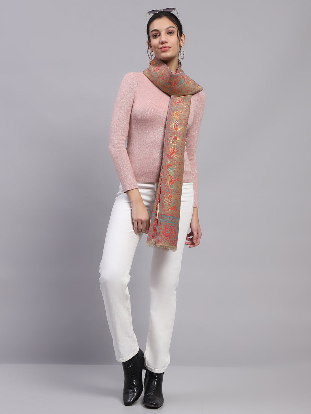 Women Beige Self Design Stole