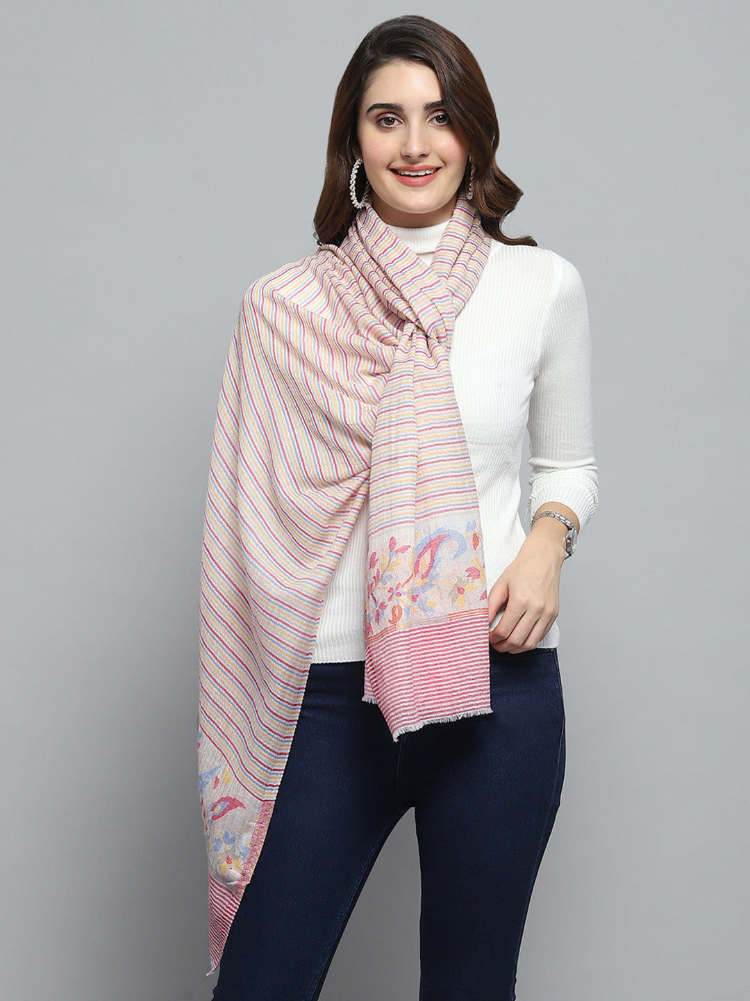 Women Peach Self Design Stole