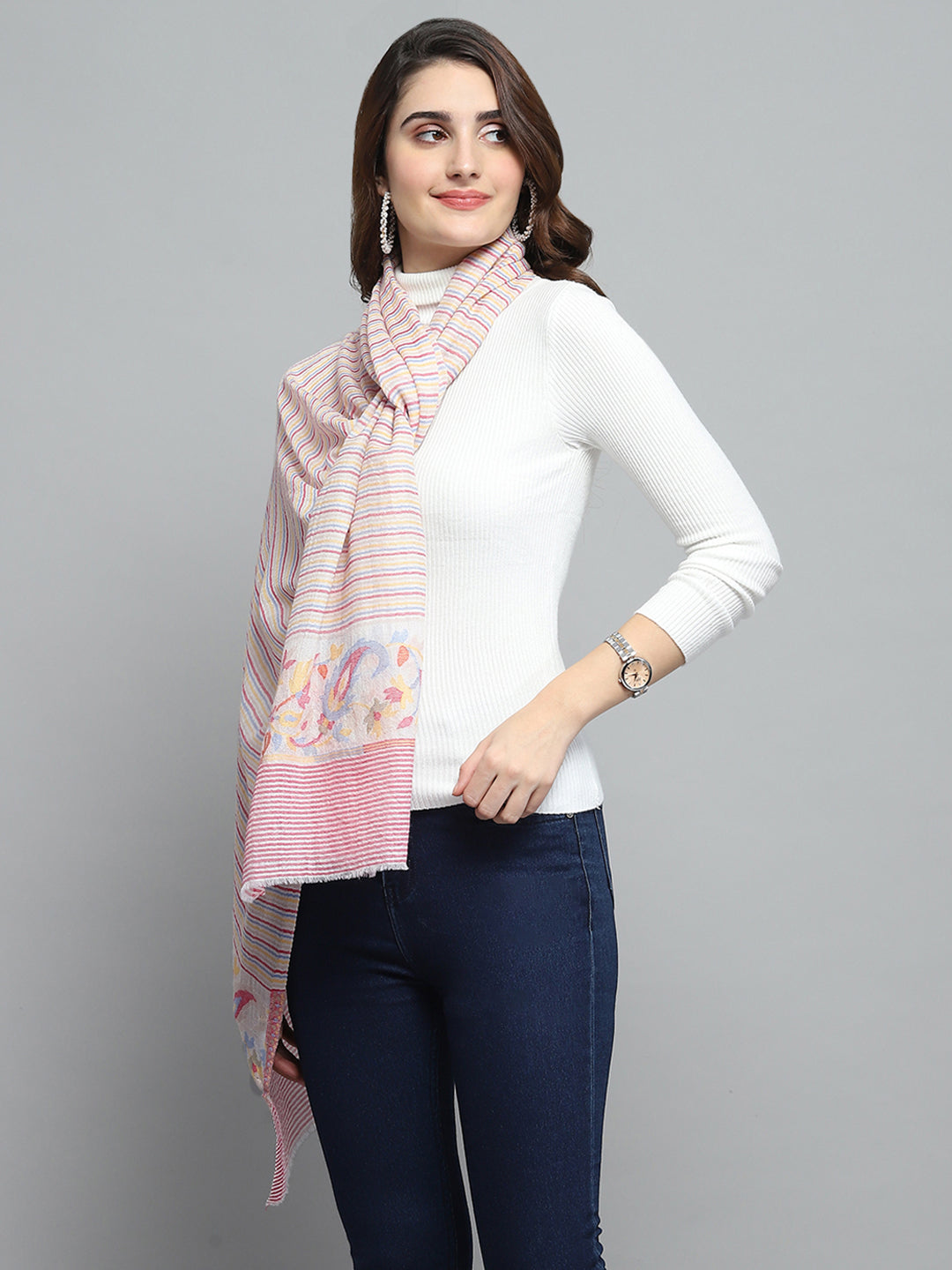 Women Peach Self Design Stole