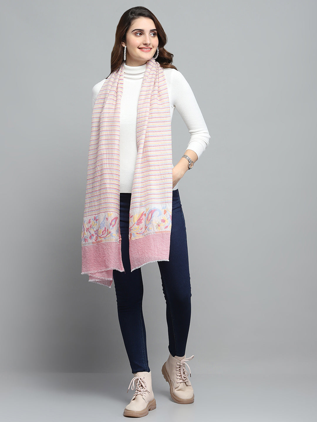 Women Peach Self Design Stole