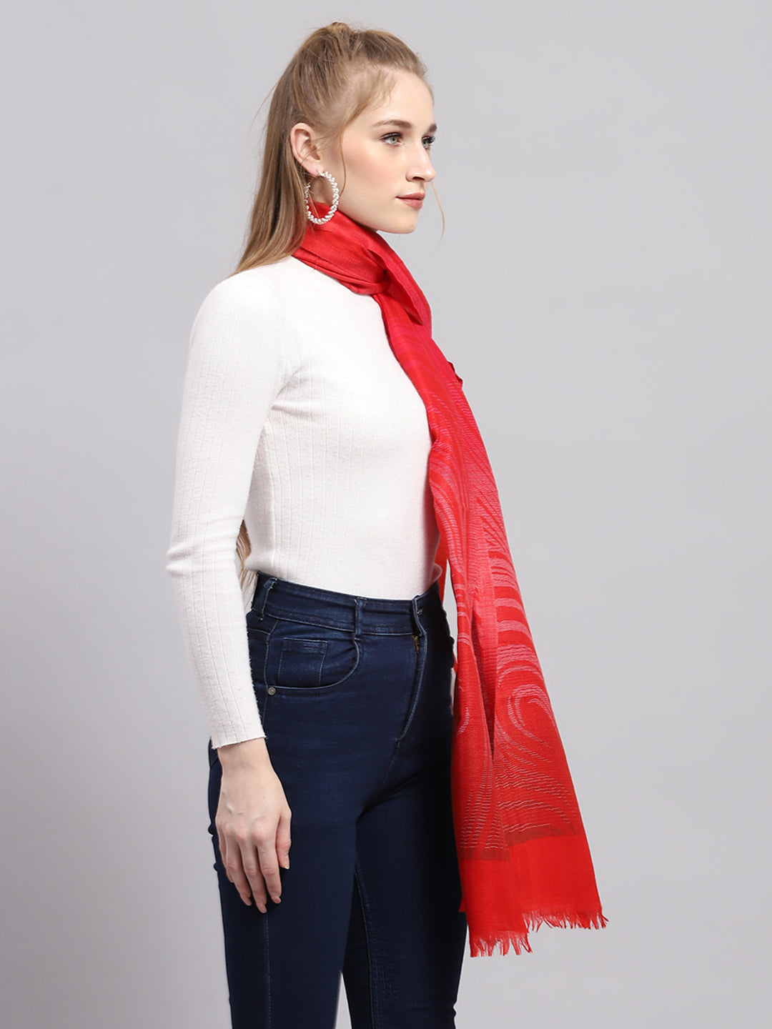 Women Red Self Design Stole