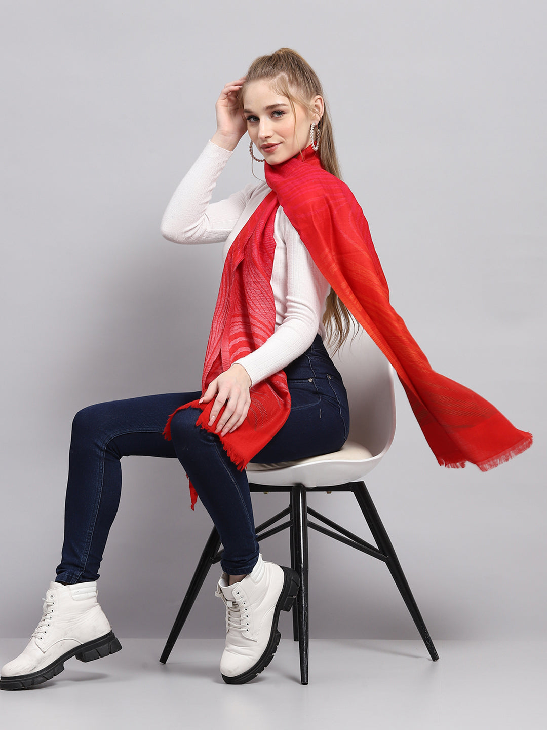 Women Red Self Design Stole