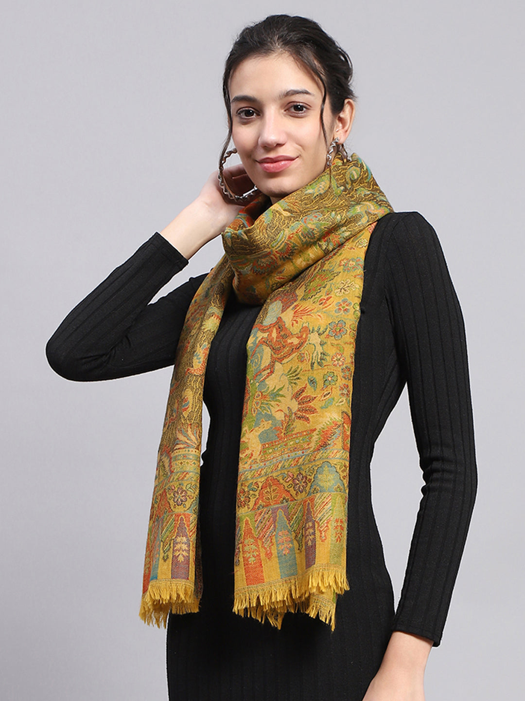 Women Mustard Self Design Stole