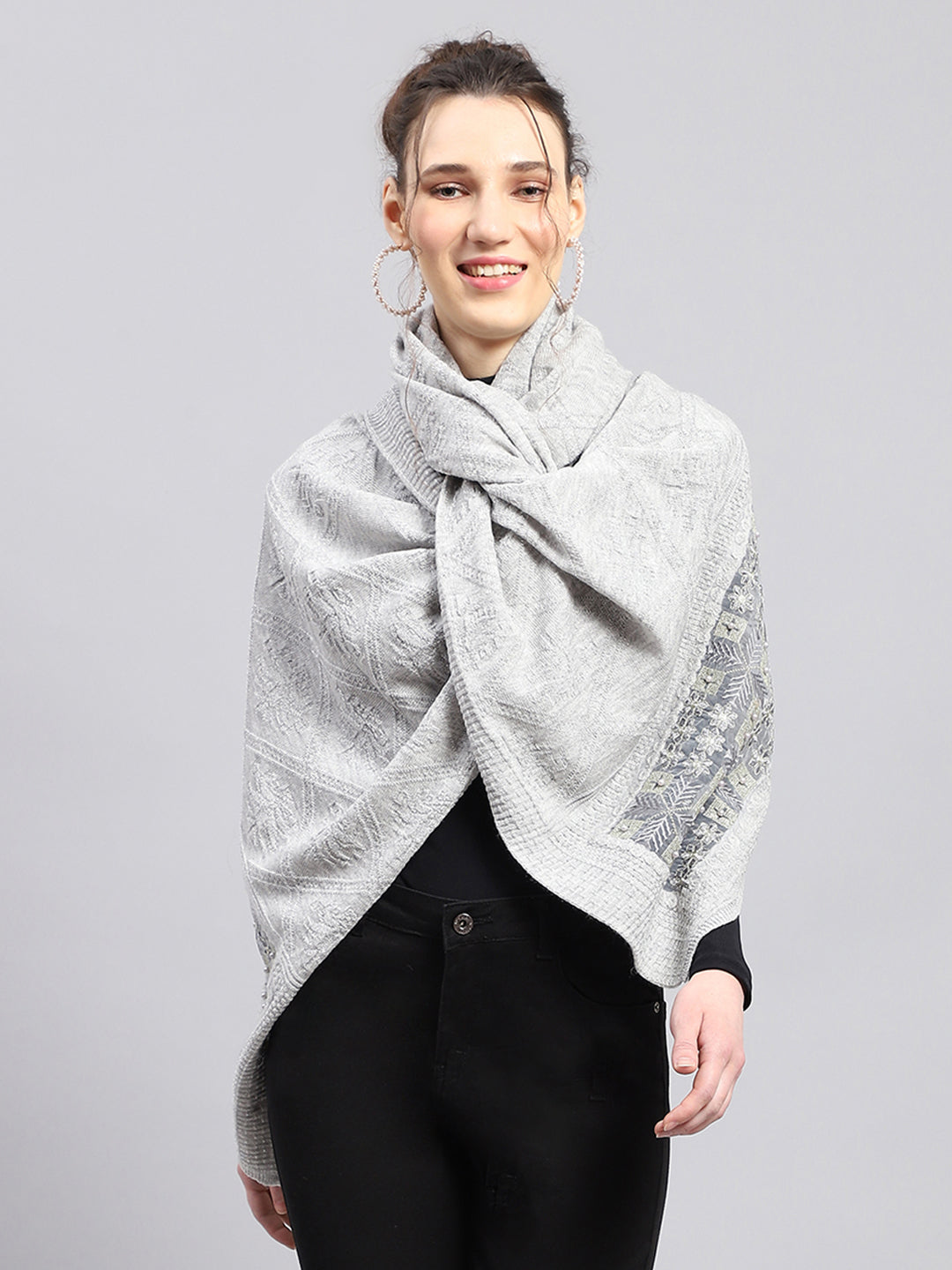 Women Grey Self Design Stole