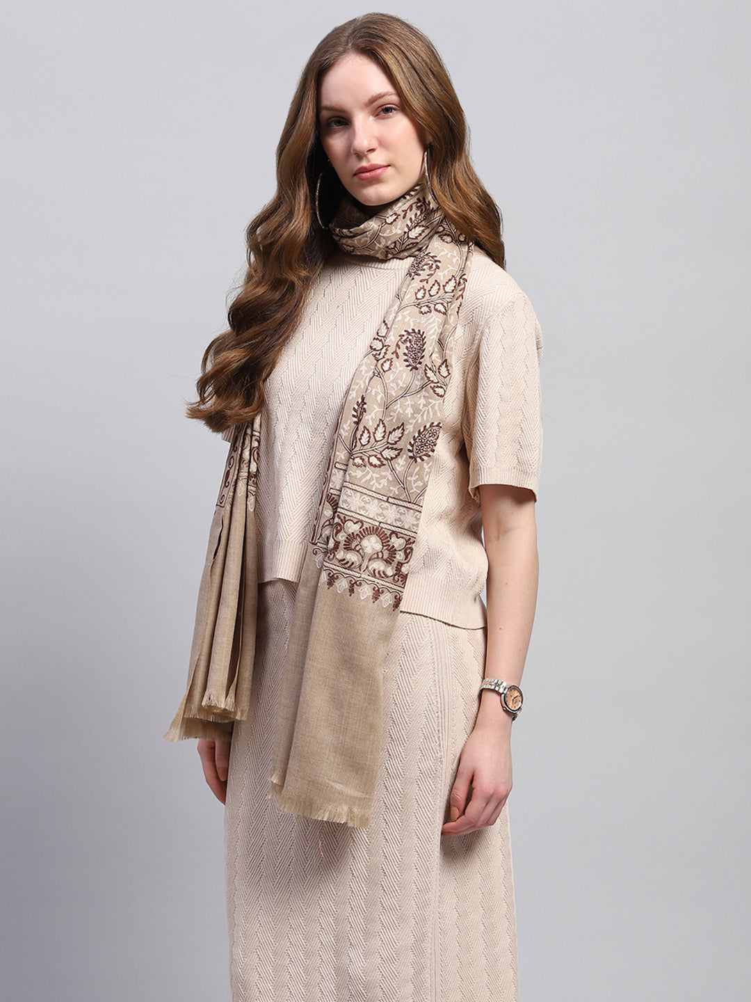 Women Beige Self Design Stole