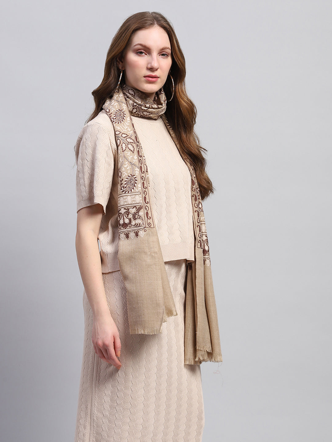 Women Beige Self Design Stole