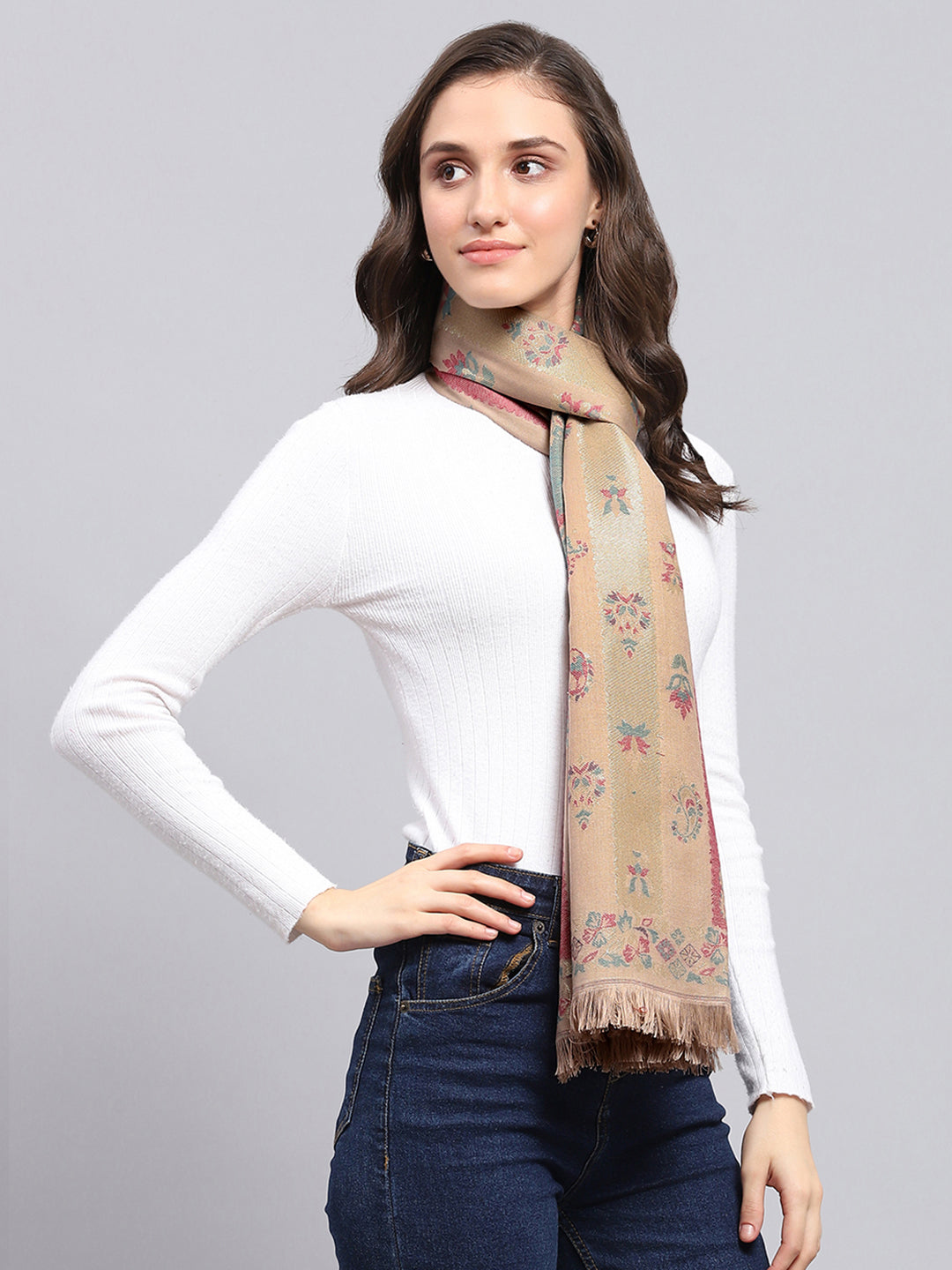 Women Khaki Self Design Stole