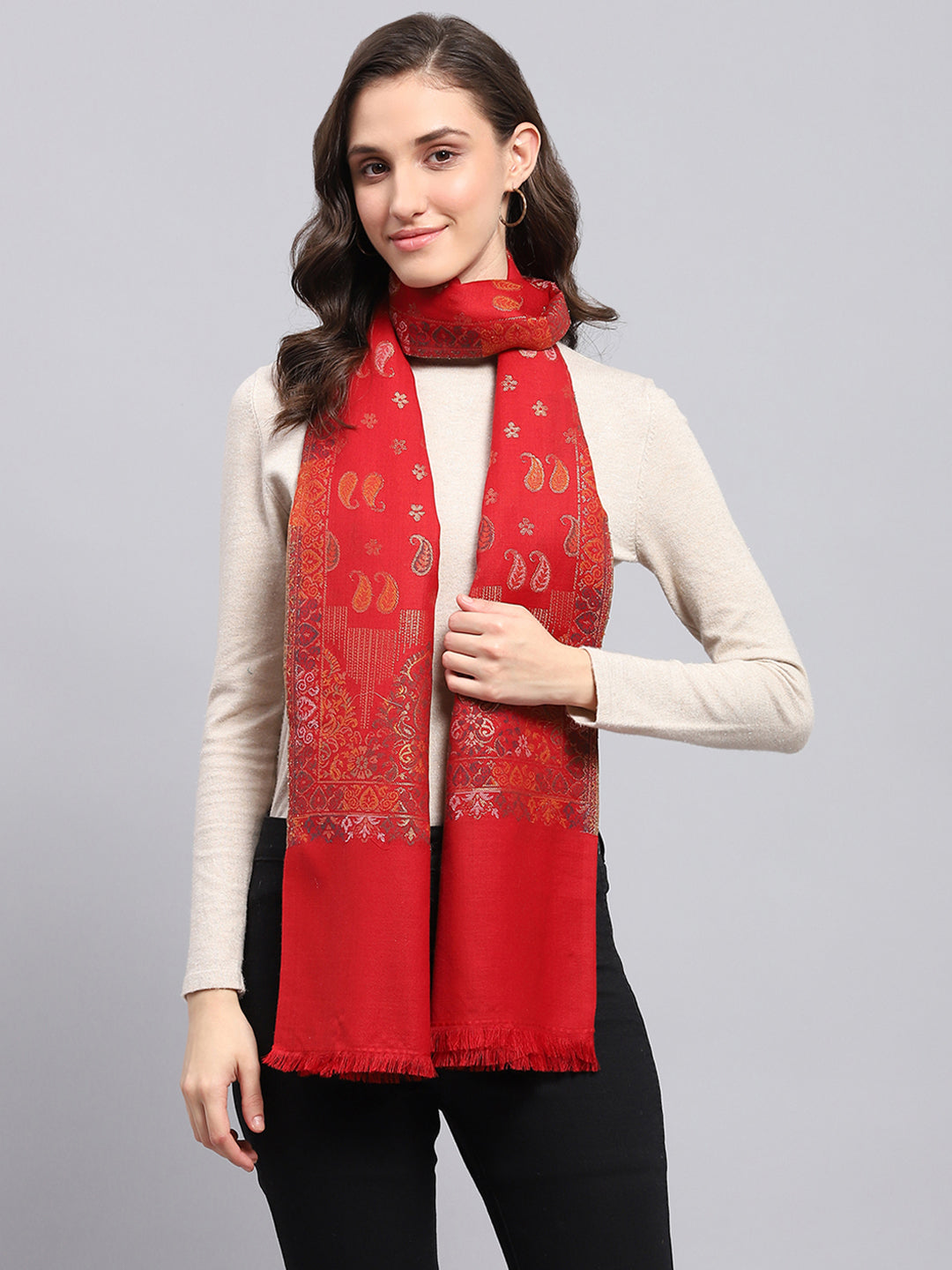 Women Red Self Design Stole