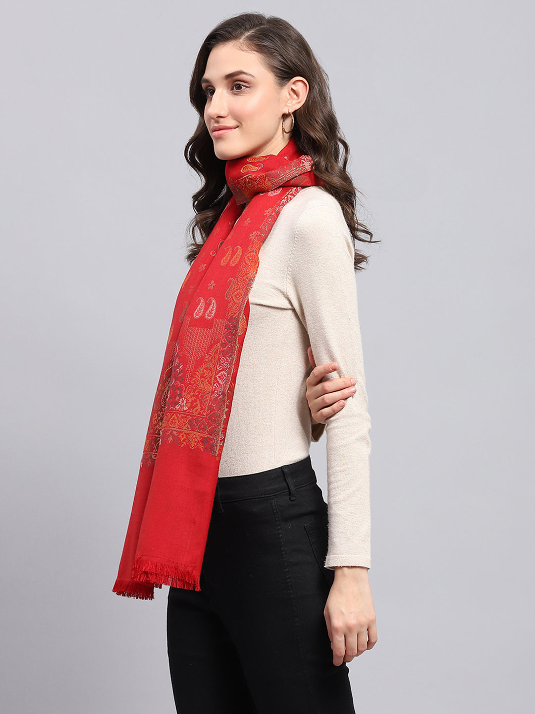 Women Red Self Design Stole