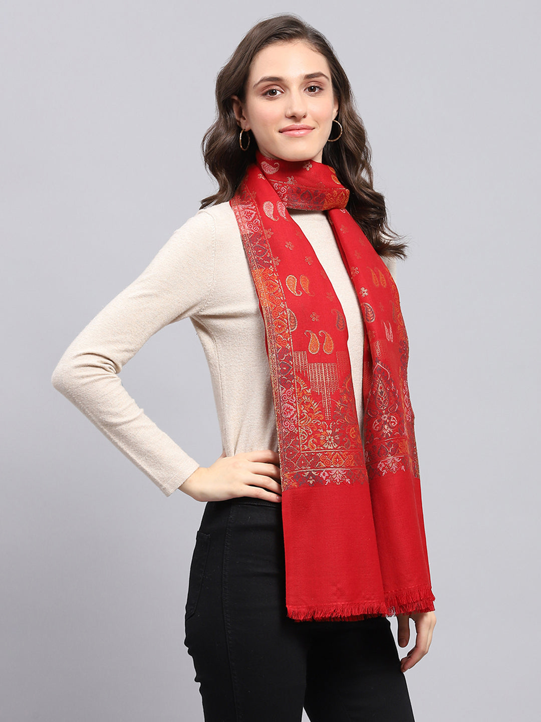 Women Red Self Design Stole