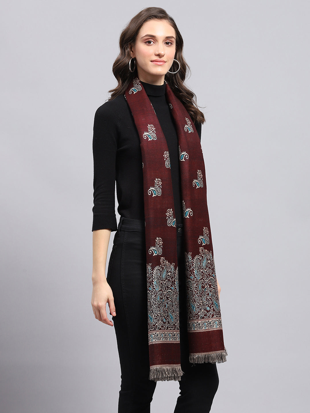 Women Maroon Self Design Stole