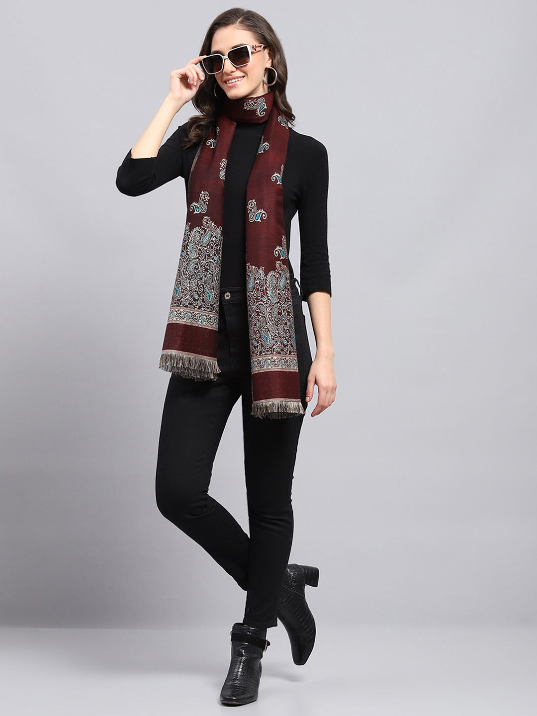 Women Maroon Self Design Stole