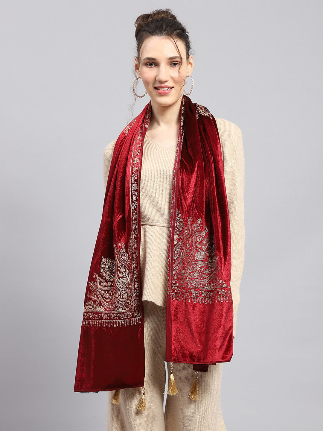 Women Maroon Self Design Stole