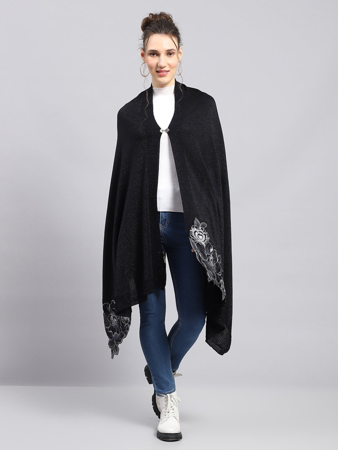 Women Black Self Design Stole