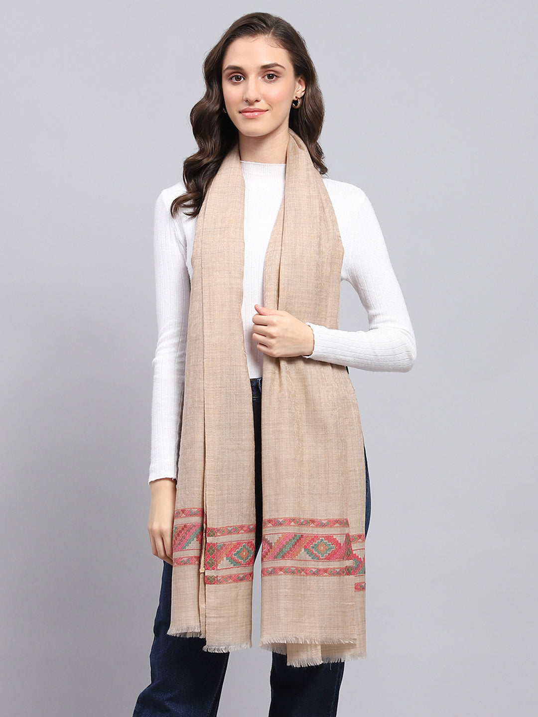 Women Beige Self Design Stole